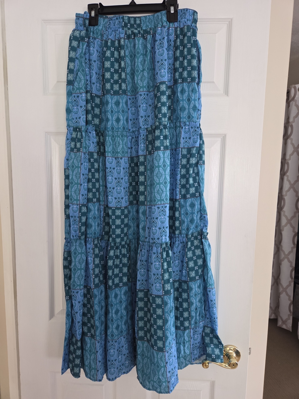 Boho Blue/Green Patchwork Tiered Maxi Skirt XL Fits Like L - Picture 6 of 10